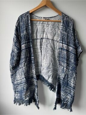 (OS) Roxy Blue and White Patterned Fringe Kimono